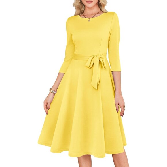 Women's Yellow 3/4 Sleeve Vintage Flattering A-line Vintage Cocktail Dresses - Picture 4 of 5